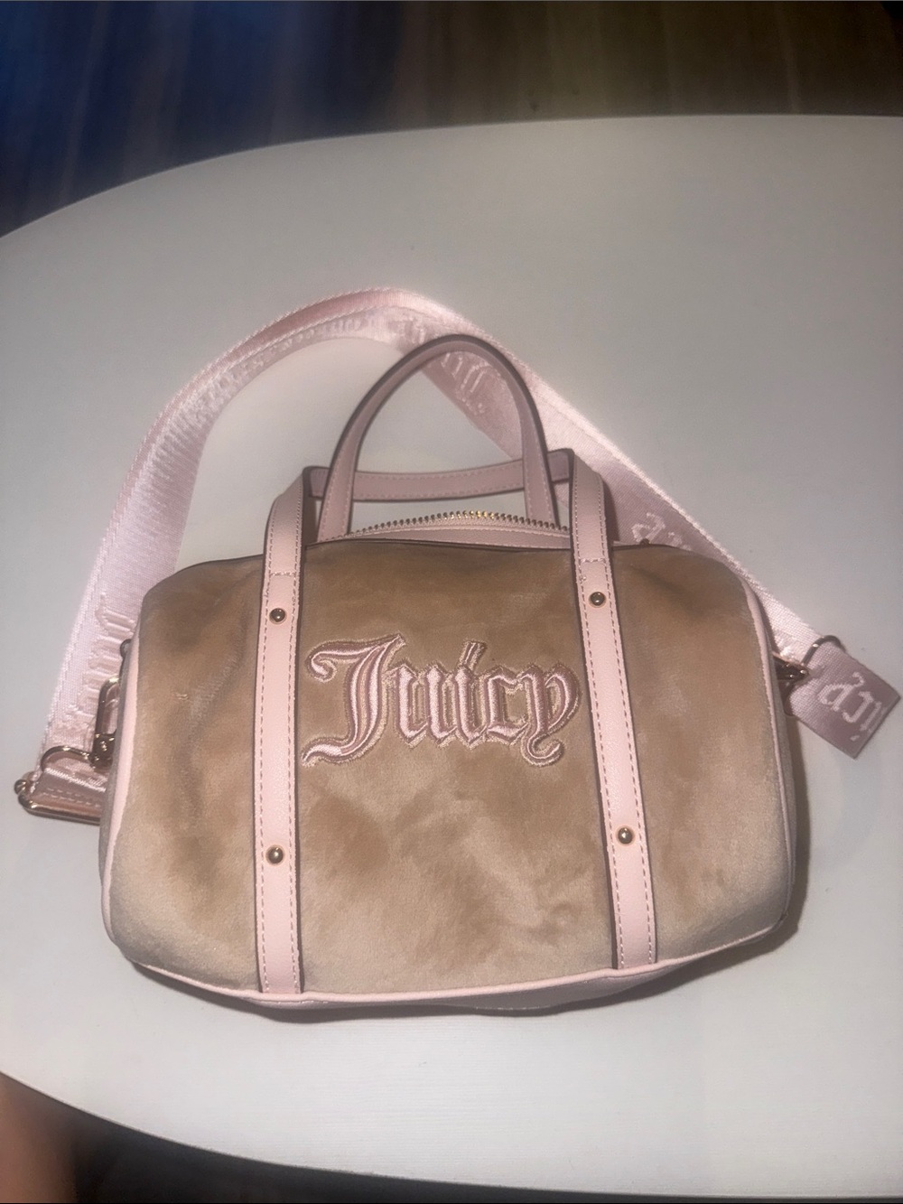 Juicy Couture Beige Suede Barrel Bag with Pink Trim and Strap